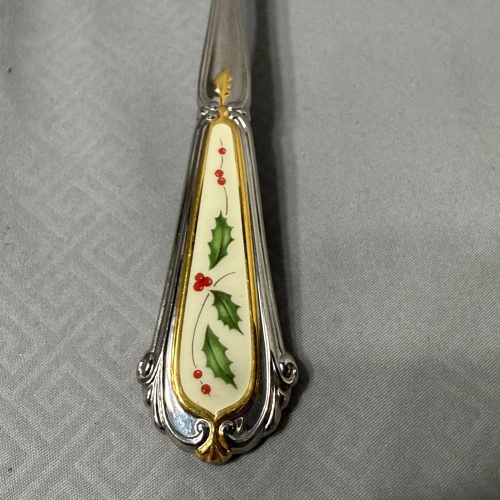 Lenox Holiday Holly Berry Design Stainless Steel Slotted Serving Spoon Japan Vtg